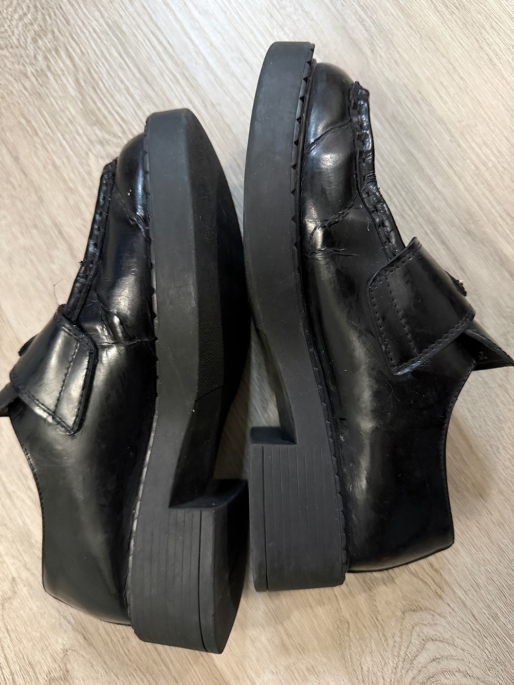 Prada Black Leather Penny Loafers with Metal Triangle Logo - Picture 8 of 16